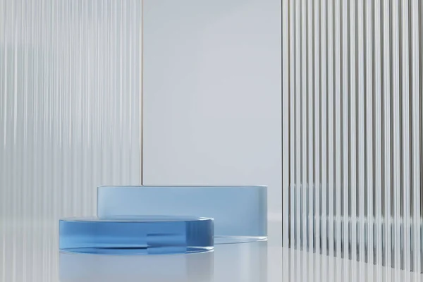 Light Blue Board Glass Window Product Display Stand Luxury Cosmetics — Stock Photo, Image