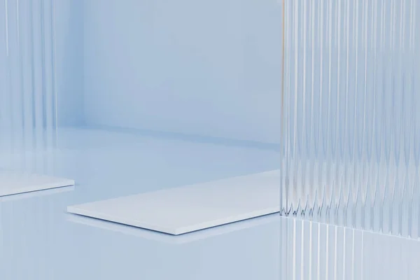 Açık mavi tahta cam pencere ürünleri standı, lüks kozmetik ürünleri reklam konsepti, 3D resimleme