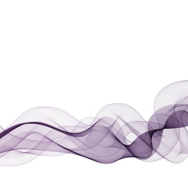 Mor dalgalı dalgalı girdap. Ses dalgası, dinamik bükülmüş eğriler beyaz arka planda izole edilmiş, soyut tasarım elemanı. Vektör illüstrasyonu.