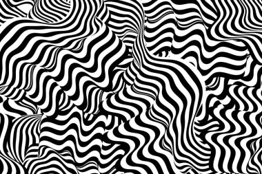 Trippy strip pattern. Horizontal background with black and white curved waves. Abstract optical illusion liquid shape. Ripple texture. Modern aesthetics of Swiss design wallpaper. Bauhaus vector art.