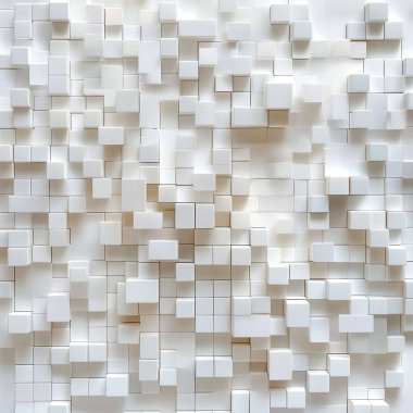 Volumetrik beyaz duvar, dışarı çıkan küplerle görsel bir rahatlama yaratıyor..