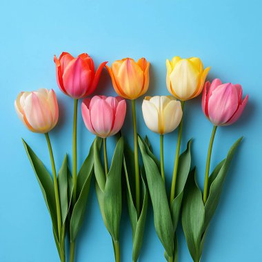 Mavi arkaplandaki çok renkli lalelerin sırası.