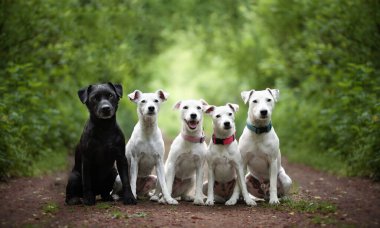 Bir grup köpek ormanda oturuyor. Çeviklik köpek yarışı.