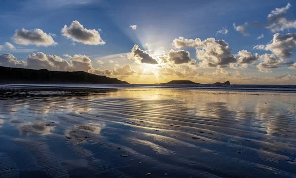 Wieczór Zatoce Rhossili Robaki Półwyspie Gower Południowej Walii — Zdjęcie stockowe