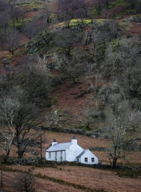 Kuzey Galler 'deki Snowdonia dağlarında eski bir Galler evi.