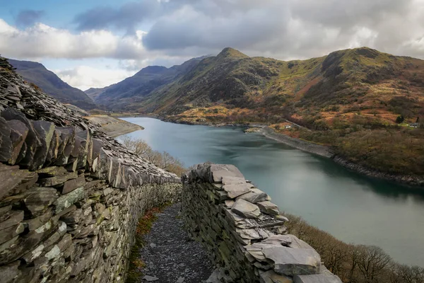 stock image The view of Llyn Peris lake from high up in the slate quarries near Llanberis, North Wales U