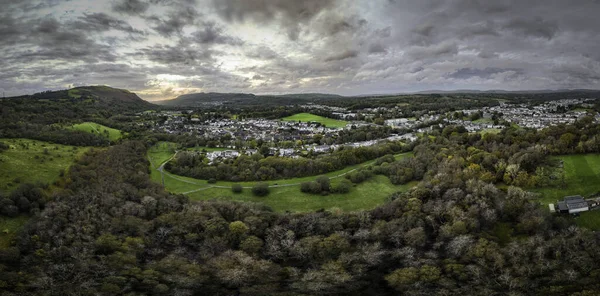 Vista Aérea Panorâmica Swansea Valley Diamond Park Ystradgynlais Fotografias De Stock Royalty-Free