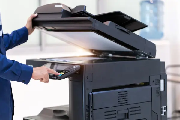 Businessman Press Button Panel Printer Photocopier Network Working Photocopies Office — Stock Photo, Image