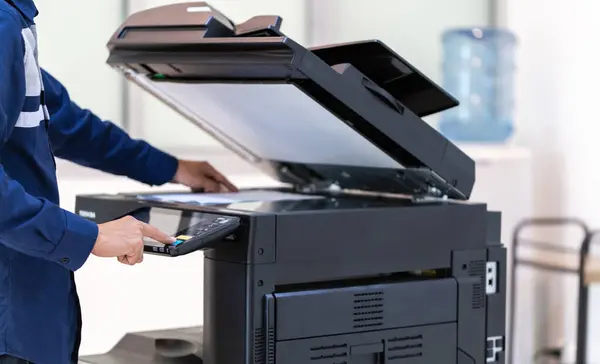 Businessman Press Button Panel Printer Photocopier Network Working Photocopies Office — Stock Photo, Image