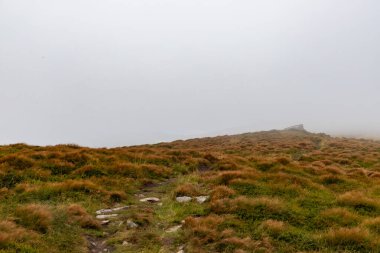 Sis ve bulutlarla kaplı dağ manzarası