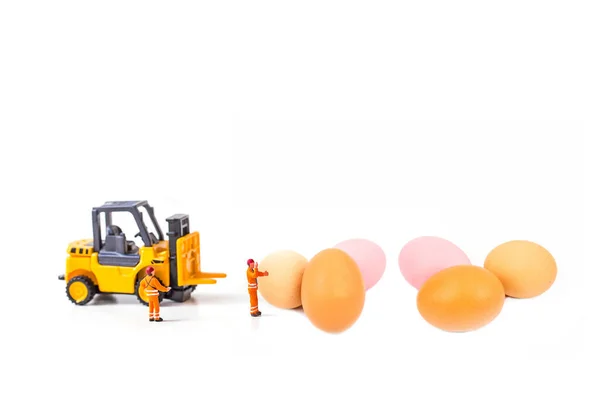 Minyatür Işçiler Yumurta Beyaz Arka Planda Izole Edilmiş Stok Fotoğraf