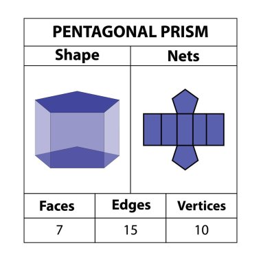 Pentagonal Prism Nets, yüzler, kenarlar ve köşeler. Geometrik şekiller beyaz bir arkaplanda izole edilir. Geometrik 3d ağları şekillendirir. Matematikte. vektör illüstrasyonu,