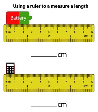 Cetvelle birlikte uzunluğu santimetre batarya ve hesap makinesi cinsinden. Eğitim geliştirme programı. Çocuklar için oyun. Çocuklar için bulmaca. Vektör çizimi. çizgi film biçimi.