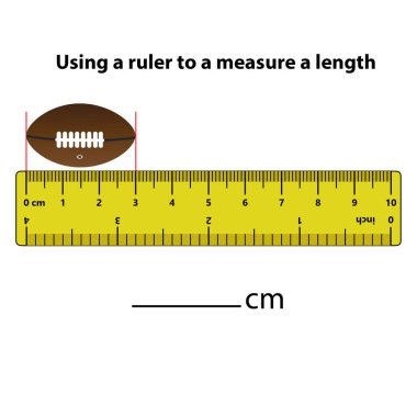 Rugby topu düşürücü ve cetvelle hesap makinesi uzunluğunu santimetre olarak ölçüyor. Eğitim geliştirme programı. Çocuklar için oyun. Çocuklar için bulmaca. Vektör çizimi. çizgi film biçimi.