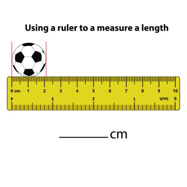 Cetvelle birlikte uzunluğu santimetre futbol topu düşürücü ve hesap makinesi cinsinden. Eğitim geliştirme programı. Çocuklar için oyun. Çocuklar için bulmaca. Vektör çizimi. çizgi film biçimi.