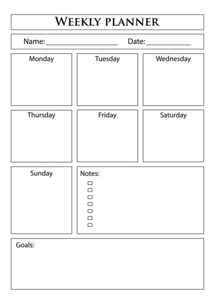 Weekly Planner Template Clear Simple Printable Business Organizer Page Paper — Stock Vector