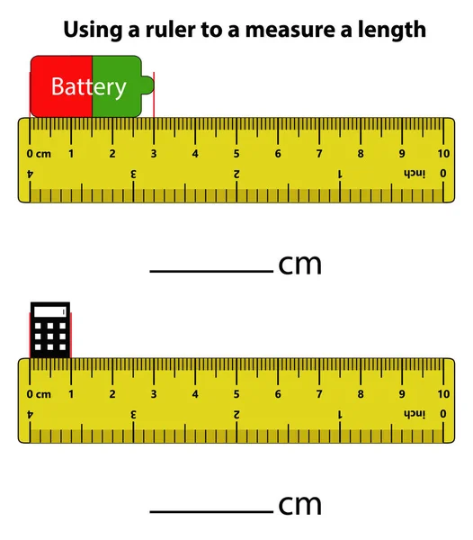 Измерение Длины Сантиметрах Батареи Калькулятора Линейкой Образование Разрабатывает Рабочие Листы — стоковый вектор
