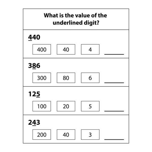 子供のための数学ワークシート 下線の数字の値は何ですか 数学のアクティビティページです 結果テンプレートを計算して書き込みます ベクターイラスト — ストックベクタ