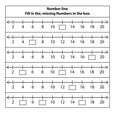 2 'den 20' ye kadar olan satırlar kayıp sayıları dolduruyor. Okul eğitiminin matematik çizelgesi. Beyaz arka planda izole edilmiş. Vektör grafik illüstrasyonu