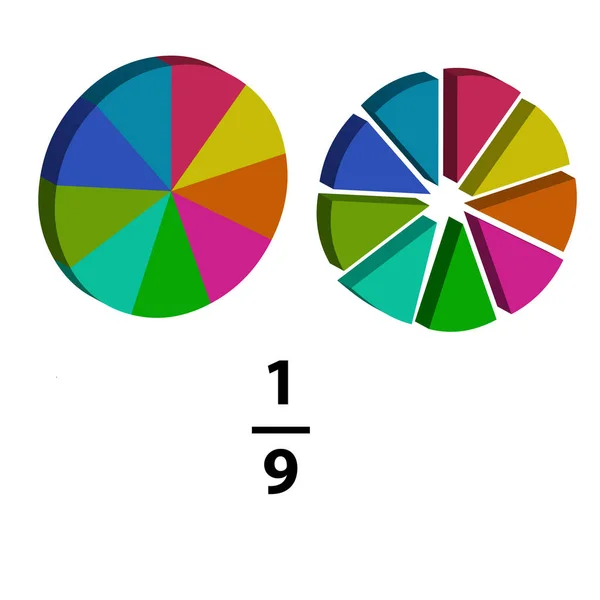 フラクションパイは1ナインのスライスに分けられ それぞれ数学で説明される数学の分数を示します 白い背景に3Dインフォグラフィックアイコンとして描かれています — ストックベクタ