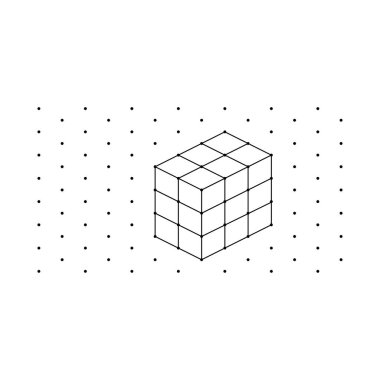 Noktalar üzerindeki noktalı çizgileri kullanarak her bir şekil için üç boyutlu izometrik küpler. Sınır çizimi beyaz arkaplanlı bir okul matematik sayfasında..