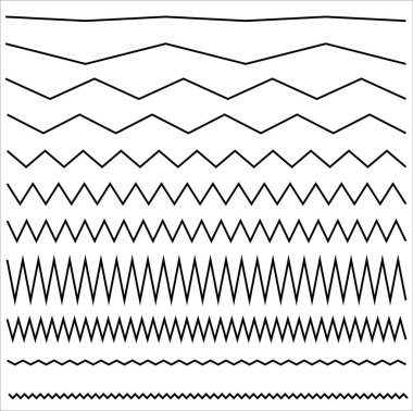 Dalgalı, kıvrımlı ve zikzak çizgileri. Dalga çizgisi ve dalgalı zikzak çizgileri. Siyah altı çizili dalgalı eğri zig zag çizgi deseni soyut tarzda. Geometrik dekorasyon elementi. Vektör