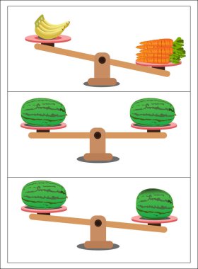 Beyaz arka planda ağırlık dengesi ölçülüyor. Çizgi filmlerdeki ağırlık karşılaştırması asgari düzeyde, tahterevallinin üzerinde dengesizlik gösteriyor. Vektör illüstrasyonu.