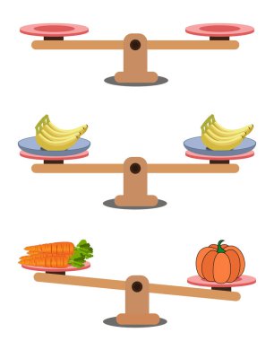 Beyaz arka planda ağırlık dengesi ölçülüyor. Çizgi filmlerdeki ağırlık karşılaştırması asgari düzeyde, tahterevallinin üzerinde dengesizlik gösteriyor. Vektör illüstrasyonu.