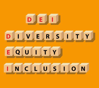 DEI sembol blokları. Çeşitlilik, Equity ve Inclusion (DEI) Banner. Mavi Arkaplan 'daki harf blokları. İş kavramı geçmişi. vektör illüstrasyonu