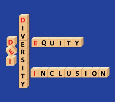 DEI sembol blokları. Çeşitlilik, Equity ve Inclusion (DEI) Banner. Mavi Arkaplan 'daki harf blokları. İş kavramı geçmişi. vektör illüstrasyonu