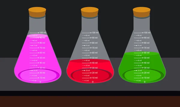 Flacons Mesure Chimique Laboratoire Verre Avec Des Liquides Colorés Dans — Image vectorielle