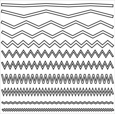 Vektör zigzag çizgileri ve dalgalar, kıvrımlı zig zag çerçeve. Paralel kenarlar. Kusursuz su grafiklerinin dizaynı. Vektör çizgileri. Yatay geometrik dekorasyon