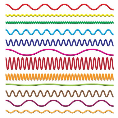 Zig zag renk çizgileri. Vektör zigzag çizgileri ve dalgalar, kıvrımlı dalgalı çizgiler. Paralel kenarlar. Kusursuz su grafiklerinin dizaynı. Vektör çizgileri. Yatay geometrik dekorasyon