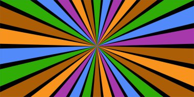 Güneş patlaması Retro eski moda karnaval arka planı. Güneş ve gökkuşağı girdap deseni, klasik poster titreşimleri. Funk Ray elementleri, daire motifleri, çizgi roman teması. Düz vektör illüstrasyonu.