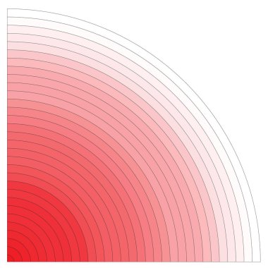 Eşmerkezli daire elementleri. Kırmızı renk çemberi. Kırmızı renk düşük ile yüksek arasında. Çember dışı. Vektör çizimi. Grafik web tasarımı için element, baskı, tekstil, ambalaj, dekorasyon için şablon.