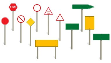 Yol işareti boş şablonu. Yol tabelası trafik işaretini boş bıraktı. Otoyol işaretleri. Yoldaki sarı noktalar, trafik kontrol levhaları ve yol yön tabelaları. Vektör illüstrasyonu
