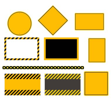 Yol işareti boş şablonu. Yol tabelası trafik işaretini boş bıraktı. Otoyol işaretleri. Yoldaki sarı noktalar, trafik kontrol levhaları ve yol yön tabelaları. Vektör illüstrasyonu