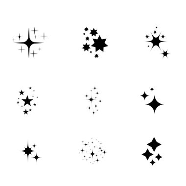 Parlayan ve parlayan yıldızlar, ışıldayan yıldız simgeleri ve neşeli dekorasyon parçacıkları ile yıldızlar soyut bir düz etki yaratır. Parlayan yıldızlar, bu vektör illüstrasyonunda.