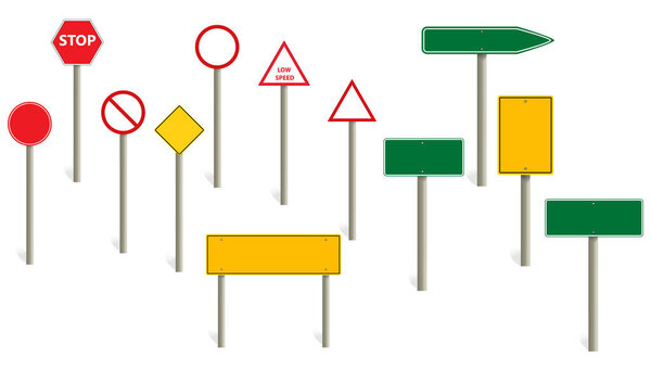 road sign blank template. Road sign set traffic blank sign mockup blank. Highway signs. yellow pointers on the road, traffic control signs and road direction signboards. Vector illustration