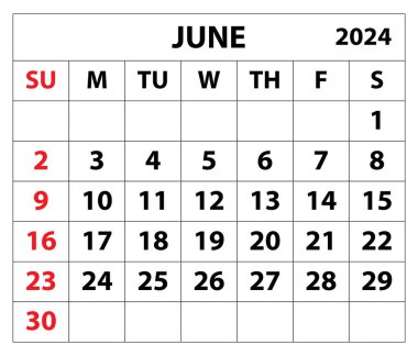 2024 Haziran takvim vektör çizer takvimi tasarımı. Basit asgari takvim. Vektör çizimi. Aylık takvim tasarımı 2024. Yaşam ve İş Planlama Düzenleyici Zamanlaması.
