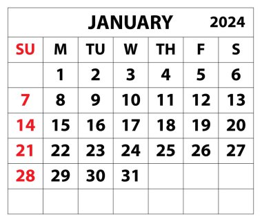 2024 Ocak ayı takvim çizer takvimi tasarımı. Basit asgari takvim. Vektör çizimi. Aylık takvim tasarımı 2024. Yaşam ve İş Planlama Düzenleyici Zamanlaması.