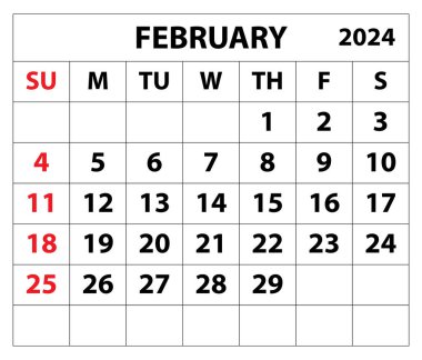 2024 Şubat ayı takvim çizer takvim tasarımı. Basit asgari takvim. Vektör çizimi. Aylık takvim tasarımı 2024. Yaşam ve İş Planlama Düzenleyici Zamanlaması.