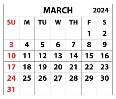 2024 Mart ayı takvim çizer takvimi tasarımı. Basit asgari takvim. Vektör çizimi. Aylık takvim tasarımı 2024. Yaşam ve İş Planlama Düzenleyici Zamanlaması.