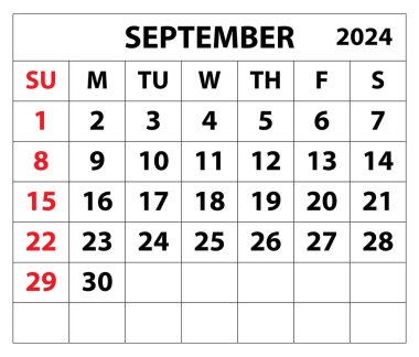 2024 Eylül takvimi Renk vektör çizer takvimi tasarımı. Basit asgari takvim. Vektör çizimi. Aylık takvim tasarımı 2024. Yaşam ve İş Planlama Düzenleyici Zamanlaması.