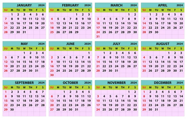 2024 takvim ayarlandı. Renk vektörü cep takvimi tasarımı. Hafta pazar günü başlıyor. Ocak, Şubat, Mart, Nisan, Mayıs, Haziran, Temmuz, Ağustos, Eylül, Ekim, Kasım, Aralık