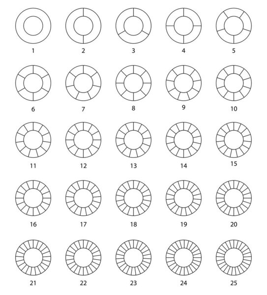 fraction of the section 1 to 25 circle fraction of the section outline. vector. drawing. white background