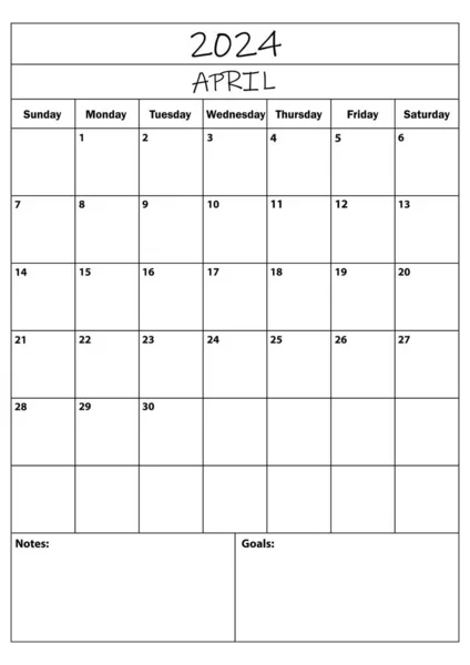 2024年4月 プランナー カレンダープランナー シンプルなミニマルカレンダー ベクトルイラスト デイリープランナーデザイン2024 ライフ ビジネスプランナーオーガナイザースケジュール ストックベクター