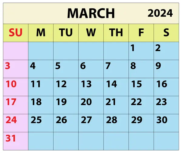 2024 Marzo Mes Calendario Color Vector Ilustrador Calendario Diseño Ilustraciones De Stock Sin Royalties Gratis