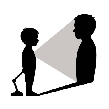 Protez Bacağı ve Yetişkin Şekline sahip Bir Çocuğun Silueti Destek, Rehberlik ve Üstesinden gelinen Zorlukların Temsili