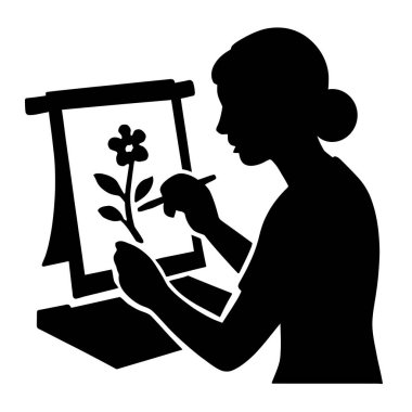Tuvale çiçek çizen kadın sanat çizimi hobi sanatçısı yaratıcı tasarım vektörü silueti